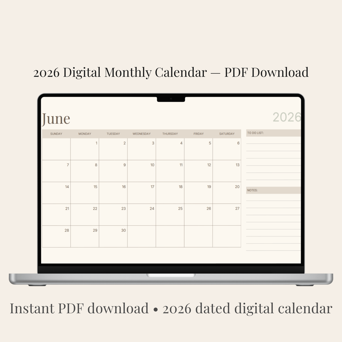 2026 neutral digital monthly calendar PDF minimalist planner page displayed on laptop