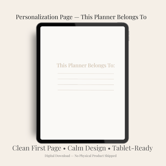 Personalization page in 2026 minimalist digital planner — ‘This Planner Belongs To’ screen on iPad with clean, calm layout
