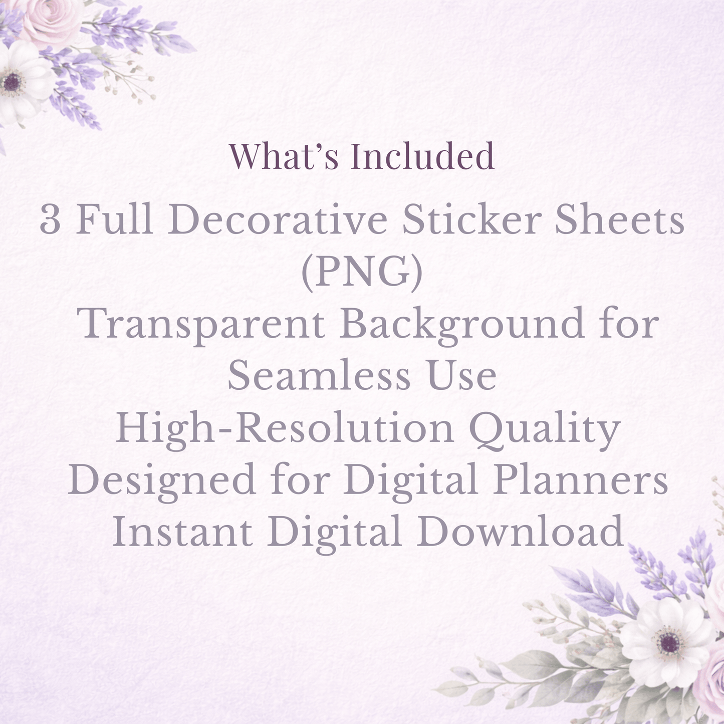 Lavender Floral Digital Planner Stickers – 3 Decorative Sticker Sheets (PNG) | GoodNotes & Notability Digital Planner Stickers
