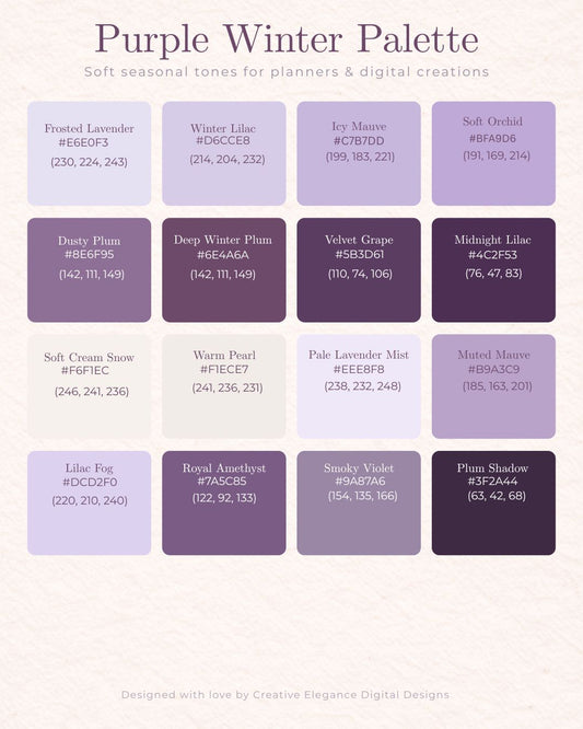 Purple Winter Color Palette | 16 Soft Lavender and Plum Hex Codes