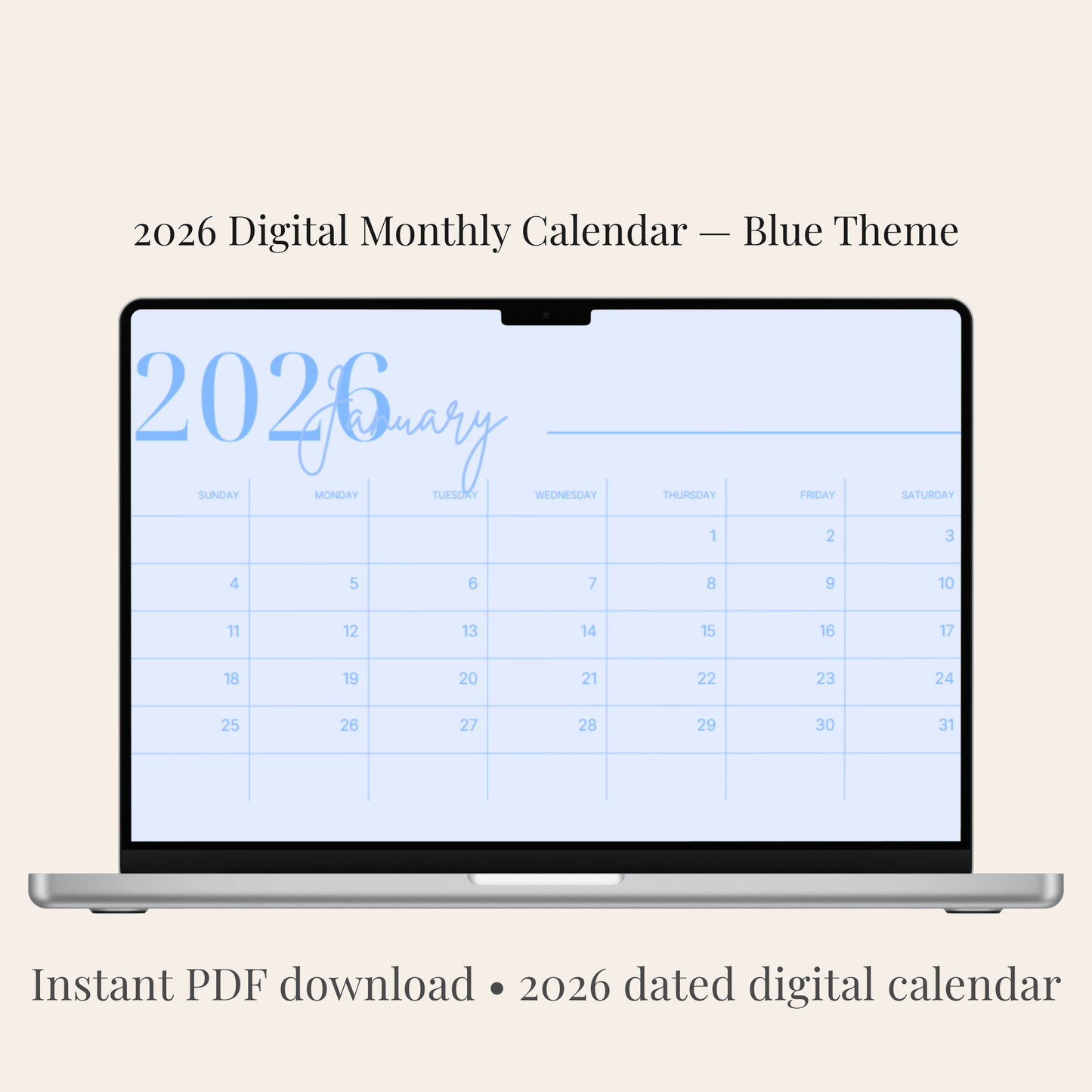 Blue-themed 2026 digital monthly calendar PDF with clean, minimalist layout