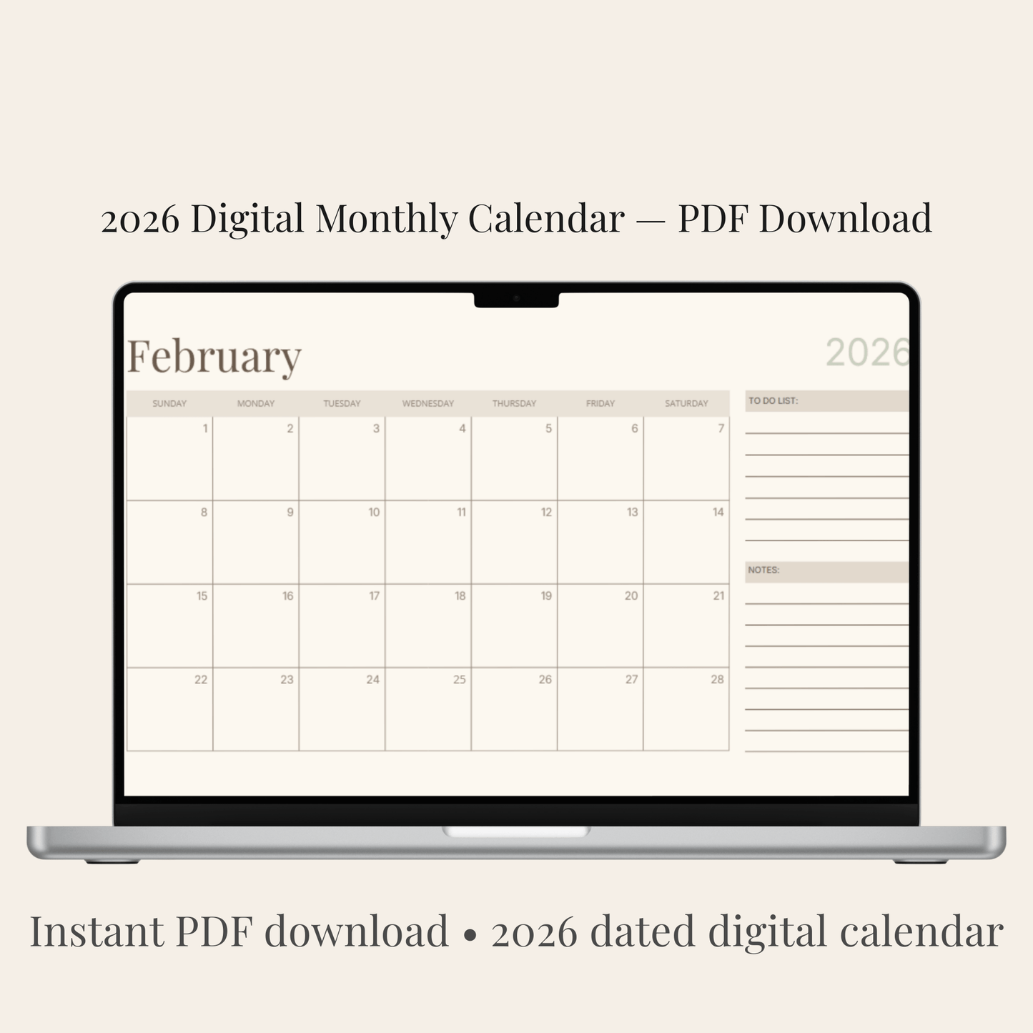 2026 neutral digital monthly calendar PDF February planner page displayed on laptop