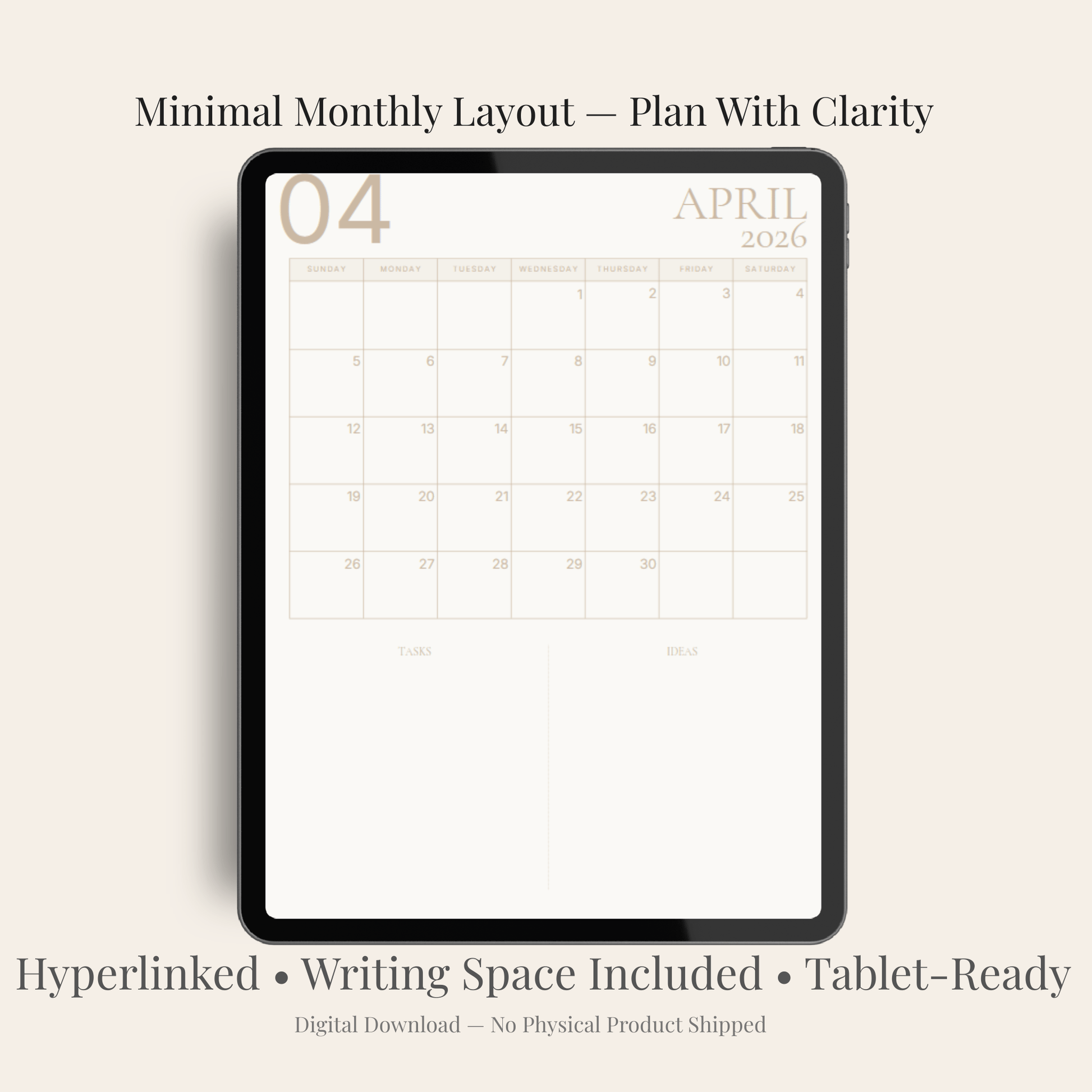 2026 Minimal Digital Planner — Hyperlinked PDF (Digital Download Only) 