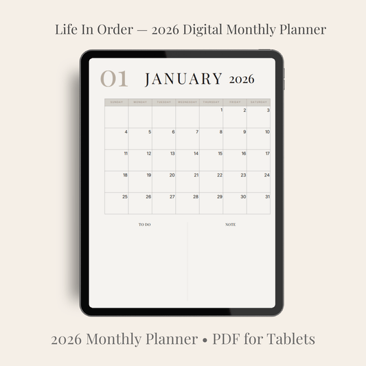 GoodNotes 2026 digital planner — January monthly calendar layout in minimalist design on tablet”