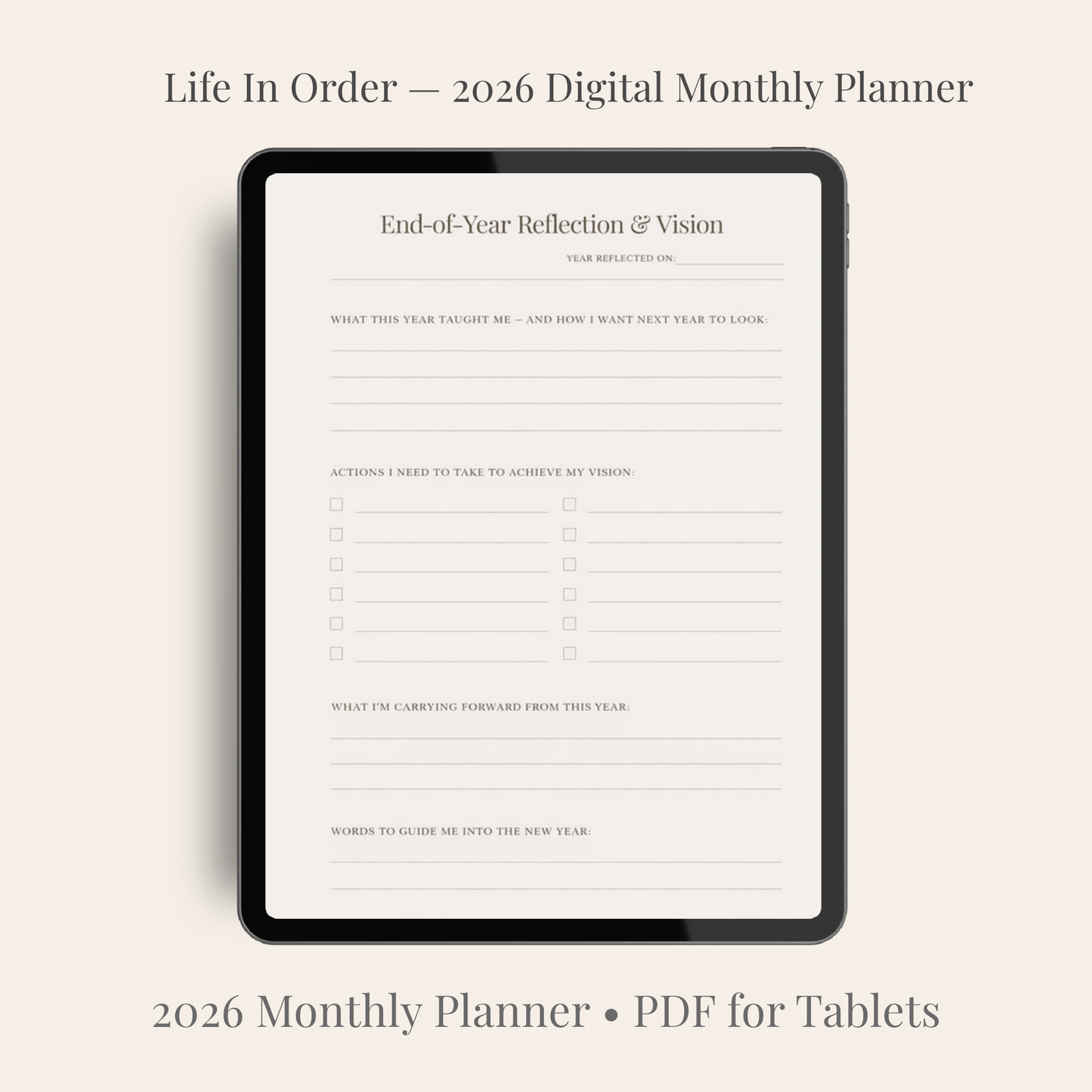 “2026 digital planner monthly calendar page displayed on iPad — minimalist clean layout with hyperlinked tabs”