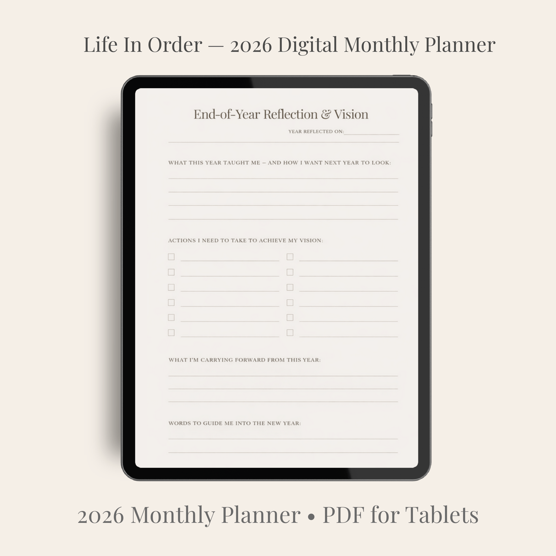 “2026 digital planner monthly calendar page displayed on iPad — minimalist clean layout with hyperlinked tabs”