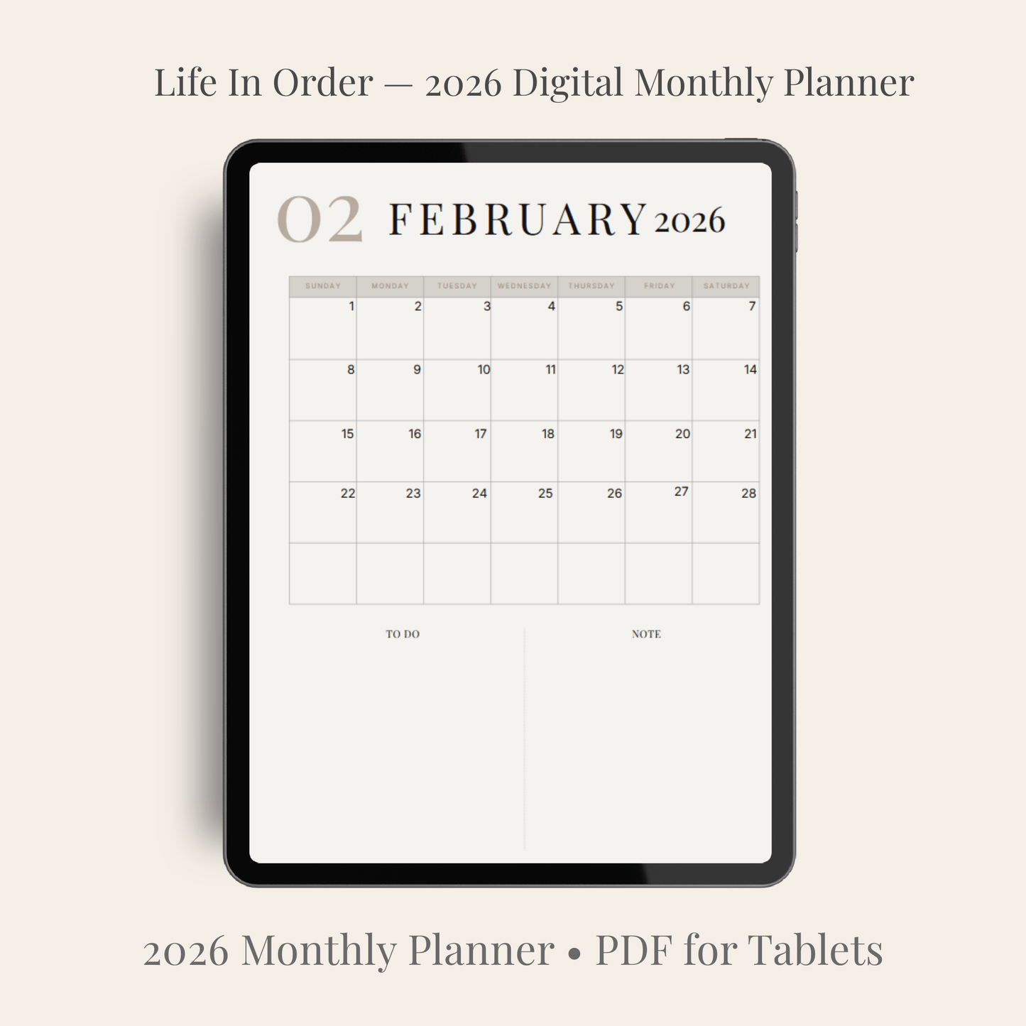 “2026 digital planner February monthly calendar page on iPad — minimalist clean layout with hyperlinked tabs”