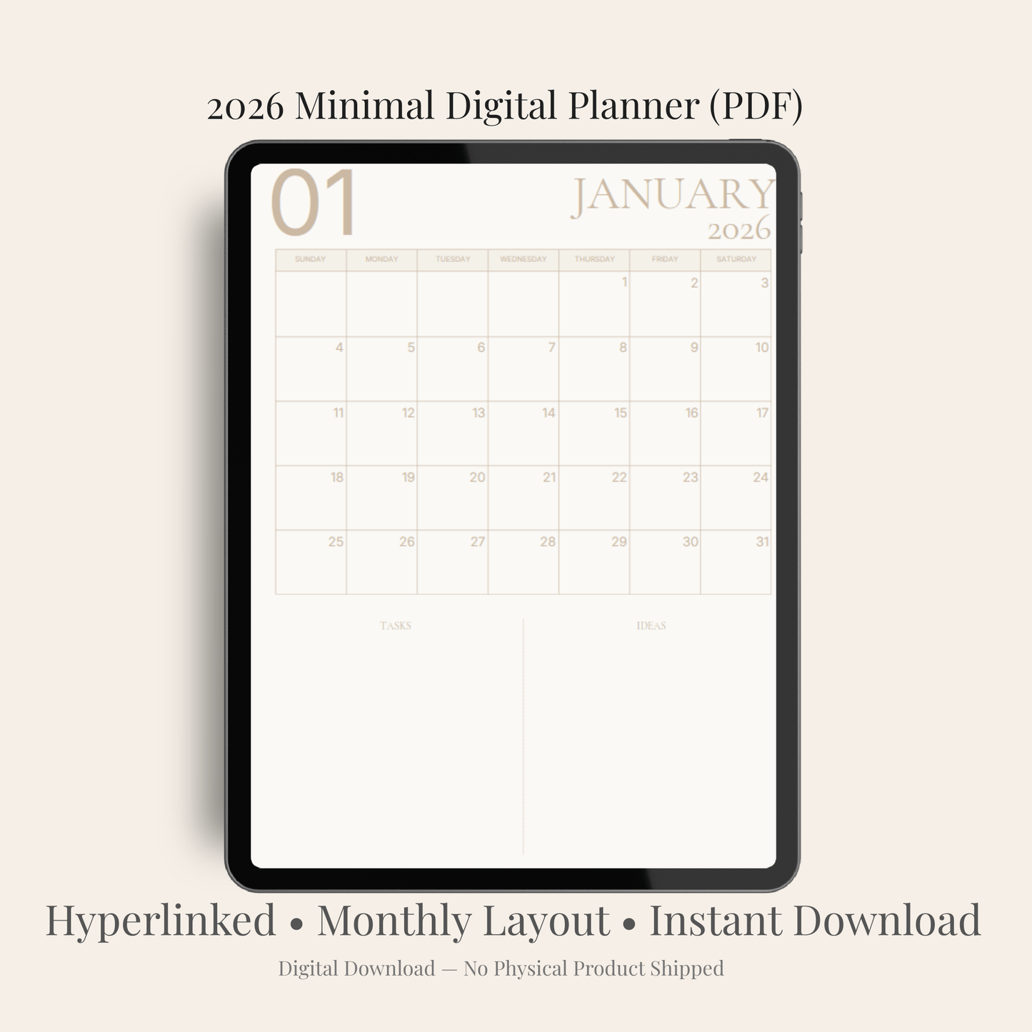 2026 minimalist digital planner PDF displayed on iPad with clean monthly layout and hyperlinked tabs