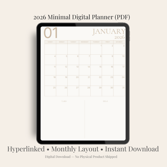 2026 minimalist digital planner PDF displayed on iPad with clean monthly layout and hyperlinked tabs
