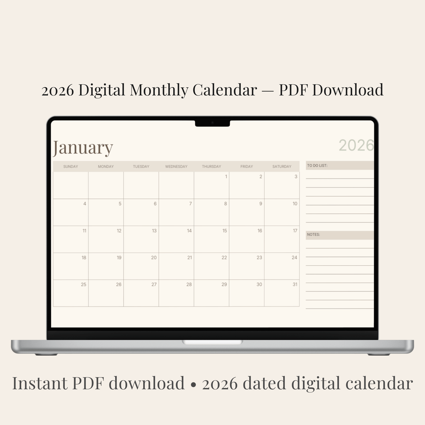 2026 neutral digital monthly calendar PDF — minimalist planner layout displayed on laptop