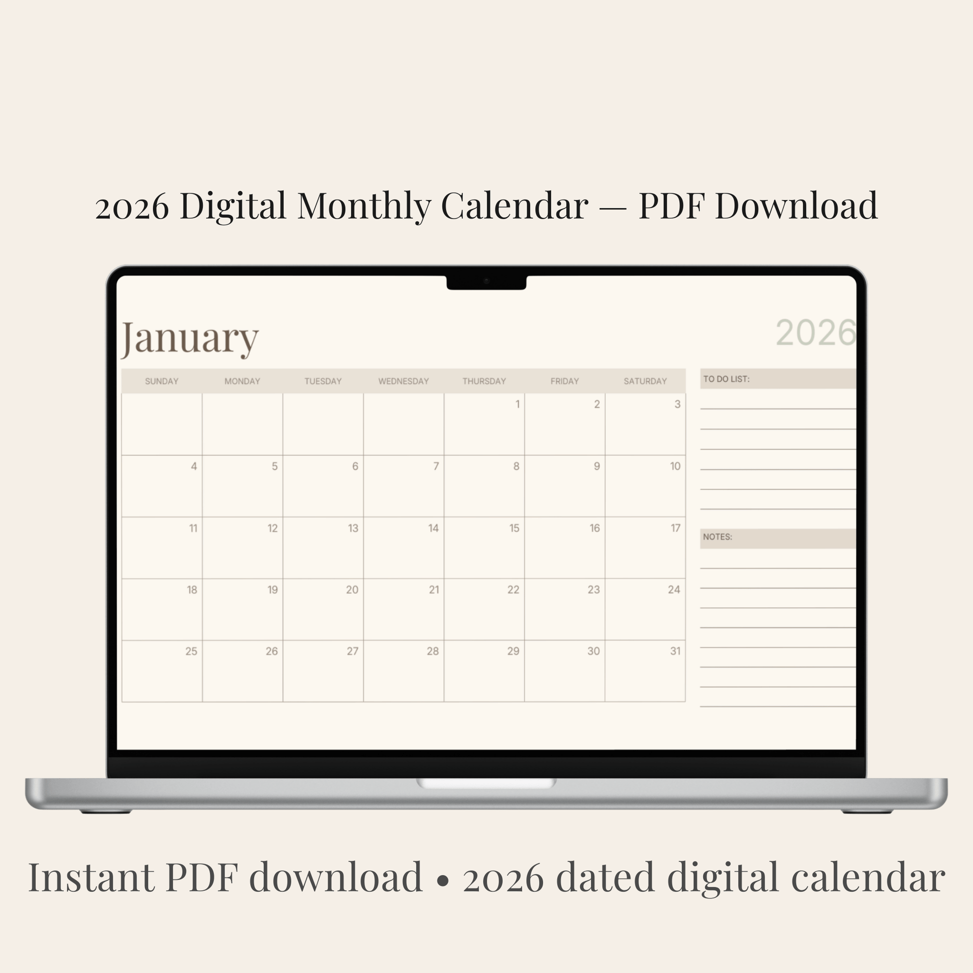 2026 neutral digital monthly calendar PDF — minimalist planner layout displayed on laptop