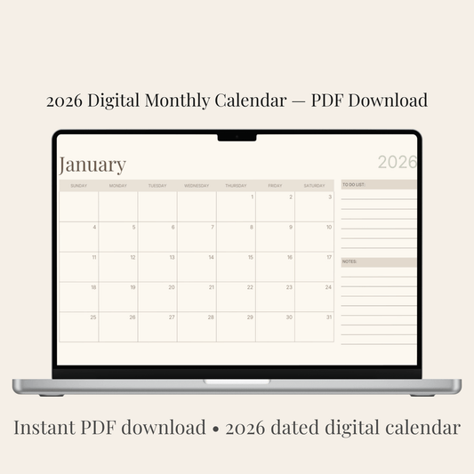 2026 neutral digital monthly calendar PDF — minimalist planner layout displayed on laptop