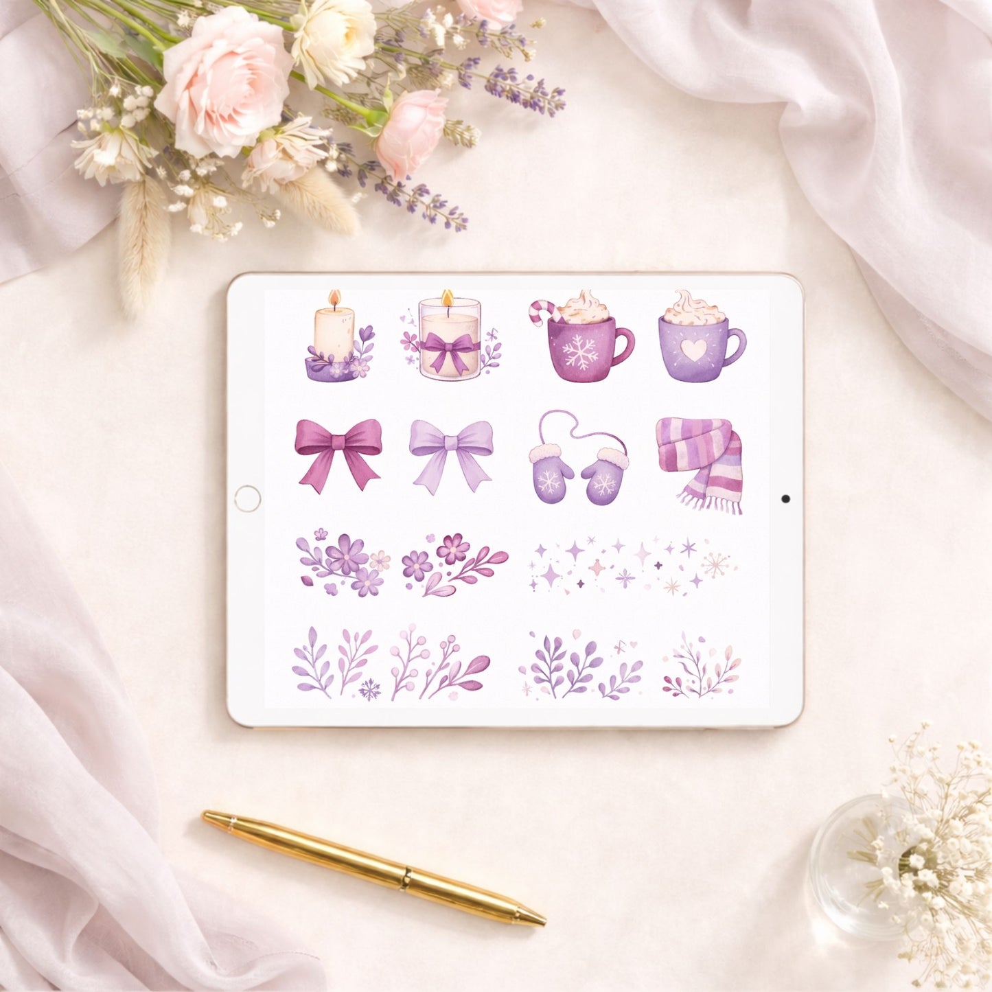 Purple Winter Planner Stickers | Cozy Feminine Digital Sticker Bundle | PNG