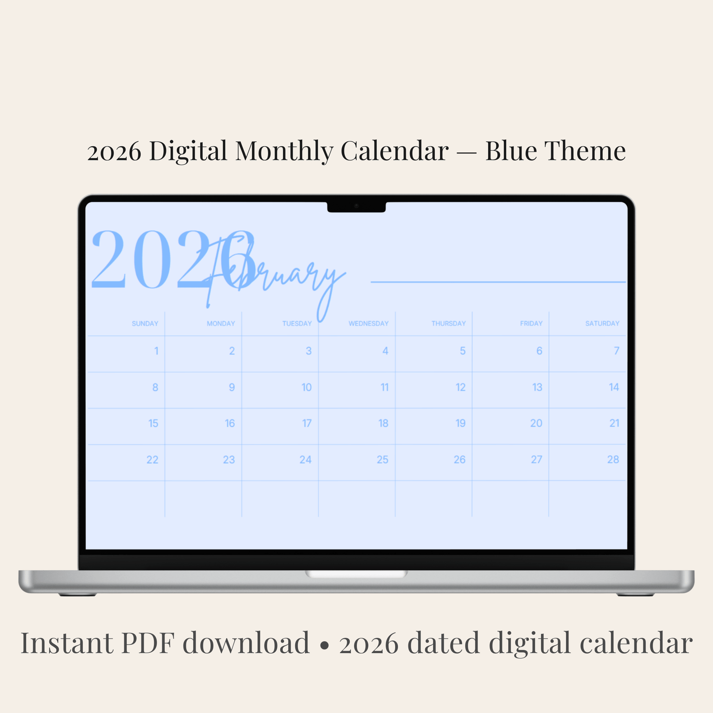 
2026 Digital February Monthly Calendar PDF – Blue Theme