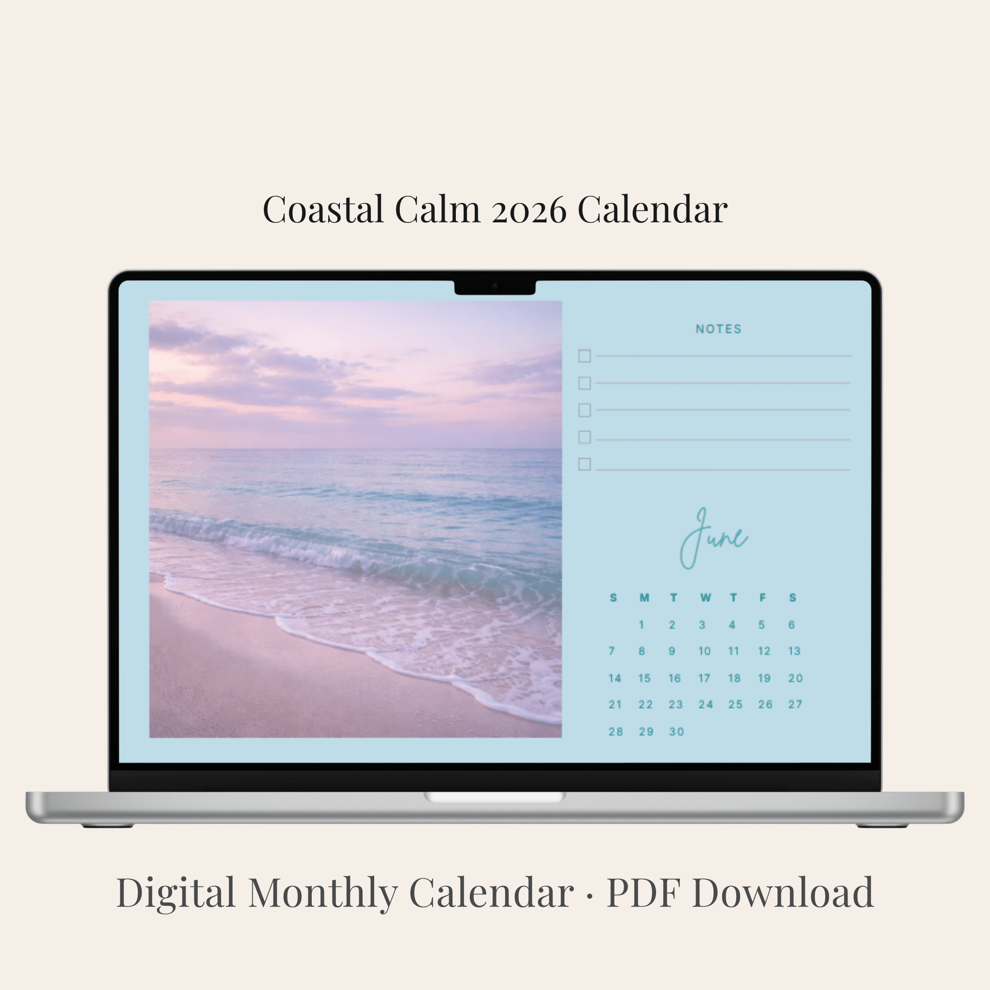 Coastal Calm — 2026 Digital Monthly Calendar (Digital Use Only • PDF) Monthly Calendar