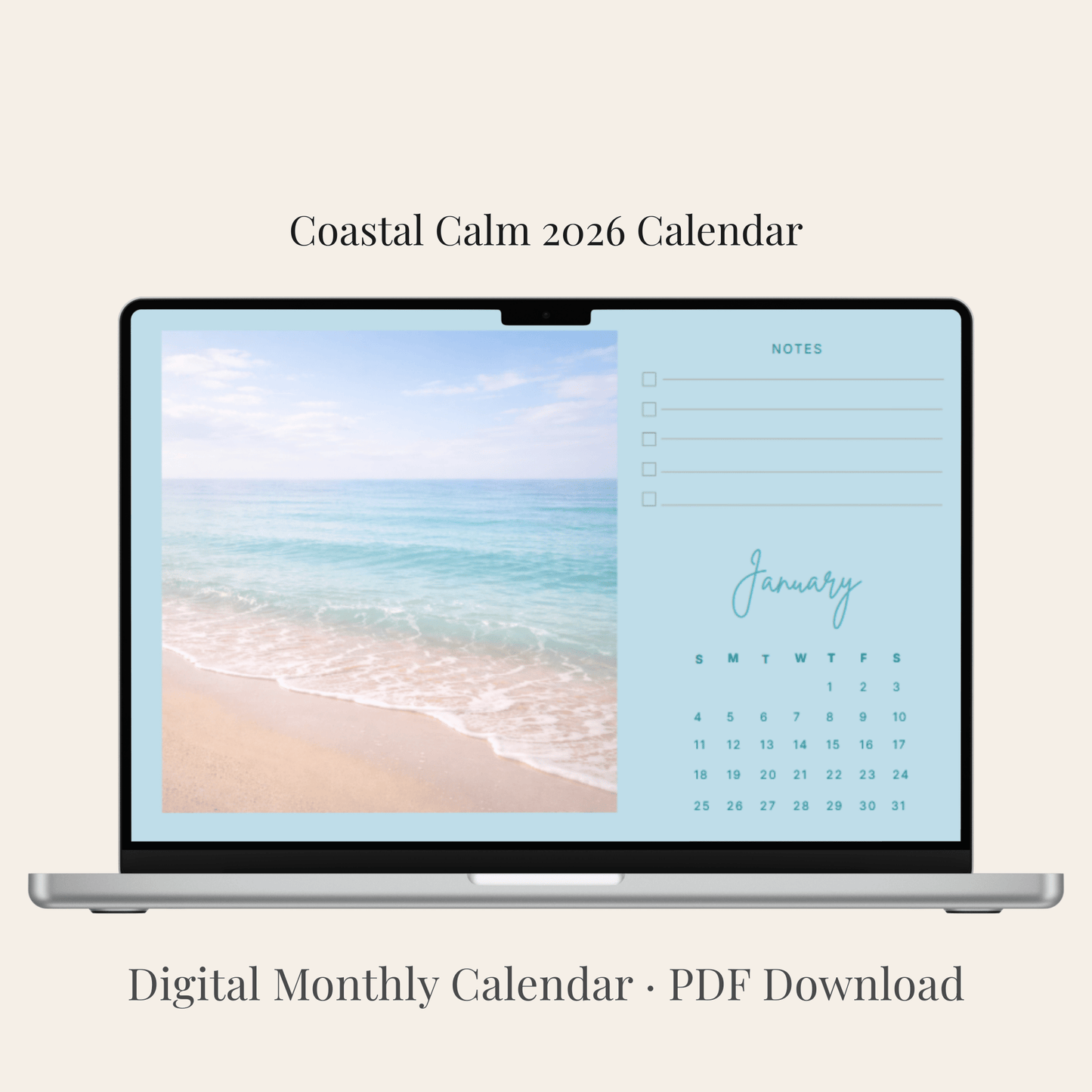 Coastal Calm — 2026 Digital Monthly Calendar (Digital Use Only • PDF) Monthly Calendar