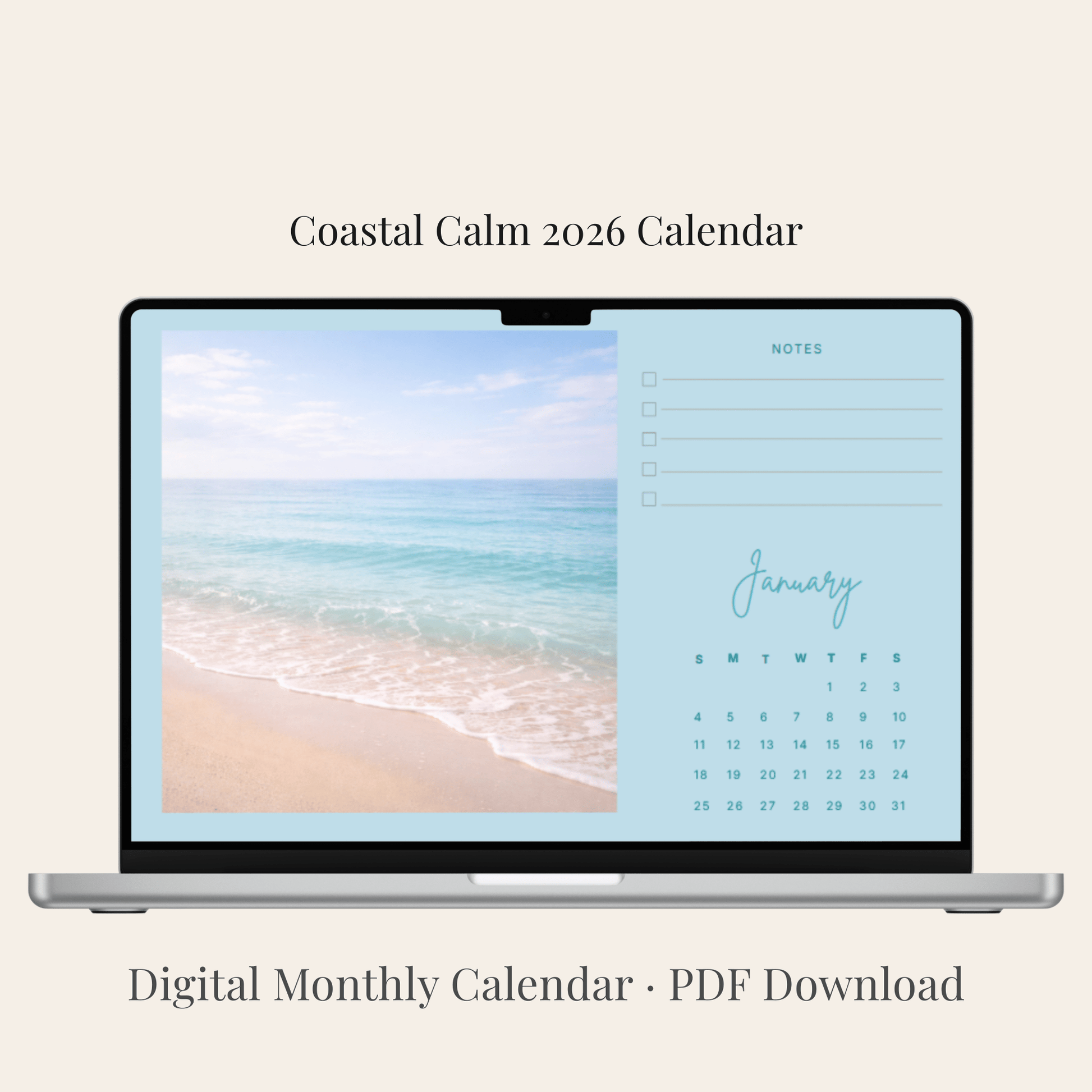Coastal Calm — 2026 Digital Monthly Calendar (Digital Use Only • PDF) Monthly Calendar