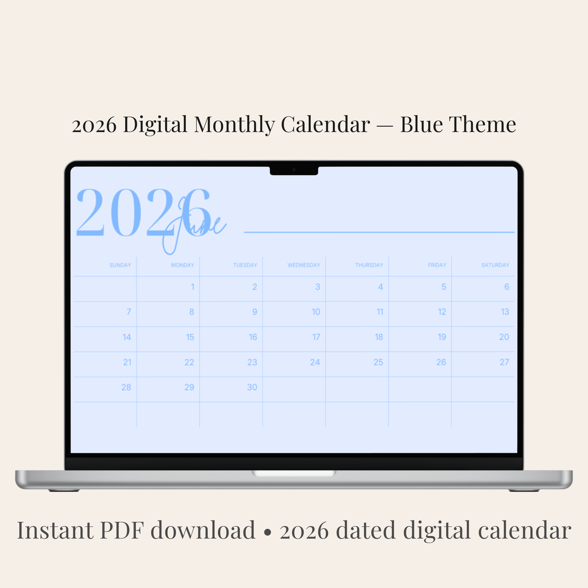 June 2026 digital monthly calendar in a blue theme – PDF