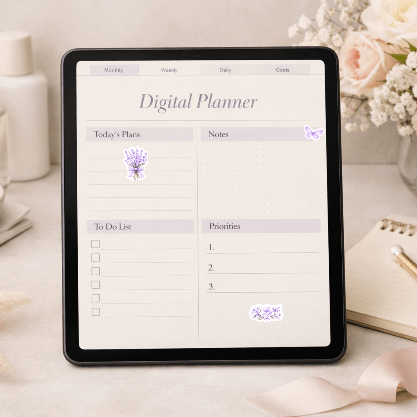 Lavender Floral Digital Planner Stickers – 3 Decorative Sticker Sheets (PNG) | GoodNotes & Notability Digital Planner Stickers